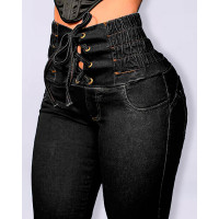 Grommet Eyelet Lace-up High Waist Skinny Jeans - black