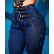 Grommet Eyelet Lace-up High Waist Skinny Jeans - blue