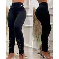 Grommet Eyelet Lace-up High Waist Skinny Pants - black