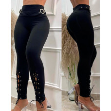 Grommet Eyelet Lace-up High Waist Skinny Pants - black