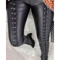 Grommet Eyelet Lace-up PU Leather Skinny Pants - black