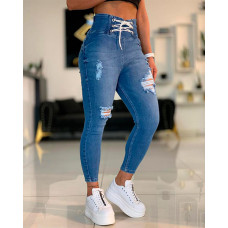 Grommet Eyelet Lace-up Ripped High Waist Jeans - blue