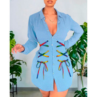 Grommet Eyelet Rainbow Lace-Up Button Front Shirt Dress - blue