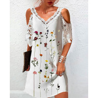 Guipure Lace Cold Shoulder Floral Print Dress - white