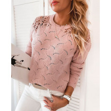 Guipure Lace Hollow Out Long Sleeve Sweater - pink