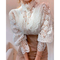 Guipure Lace Lantern Sleeve Button Design Top - white