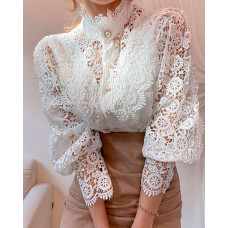 Guipure Lace Lantern Sleeve Button Design Top - white