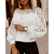 Guipure Lace Lantern Sleeve Sweater - white