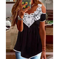 Guipure Lace Patch Contrast Binding Cold Shoulder Top - black