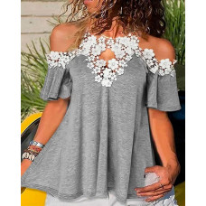 Guipure Lace Patch Cutout Cold Shoulder Top - gray