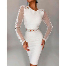 Guipure Lace Patch Long Sleeve Skinny Party Dress - white