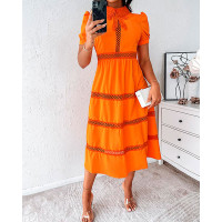 Guipure Lace Patch Puff Sleeve Maxi Dress - orange