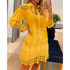 Guipure Lace Patch Shirt Dress With Cami Dress - yellow