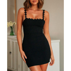 Guipure Lace Patch Spaghetti Strap Bodycon Dress - black