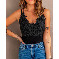 Guipure Lace Patch V-Neck Cami Top - black