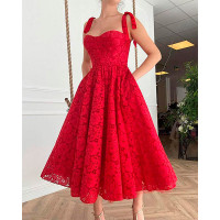 Guipure Lace Tied Detail Sleeveless Evening Dress - red