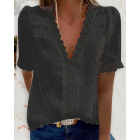 Guipure Lace V Neck Short Sleeve Top - black