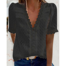 Guipure Lace V Neck Short Sleeve Top - black