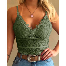 Guipure Lace V-Neck Spaghetti Strap Top - green