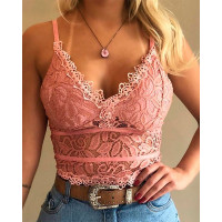 Guipure Lace V-Neck Spaghetti Strap Top - pink