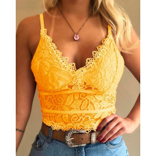 Guipure Lace V-Neck Spaghetti Strap Top - yellow