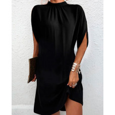 Half Sleeve Mock Neck Casual Dress - black