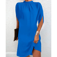 Half Sleeve Mock Neck Casual Dress - blue