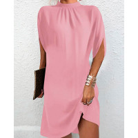 Half Sleeve Mock Neck Casual Dress - pink