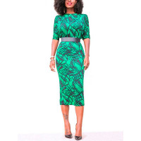 Half Sleeve Printed Midi Dress - green