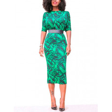 Half Sleeve Printed Midi Dress - green