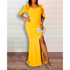 Half Sleeve Ruffle Hem Slit Party Dress - yellow