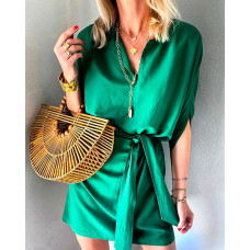 Half Sleeve Tied Detail Satin Casual Dress - green