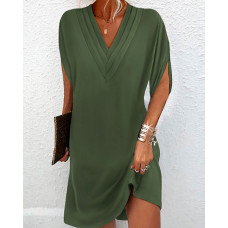 Half Sleeve V-Neck Ruched Casual Dress - Army green