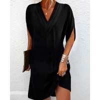 Half Sleeve V-Neck Ruched Casual Dress - black