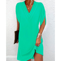 Half Sleeve V-Neck Ruched Casual Dress - green