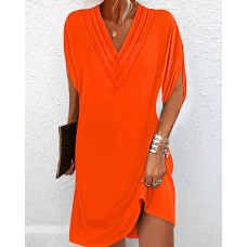 Half Sleeve V-Neck Ruched Casual Dress - orange