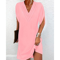 Half Sleeve V-Neck Ruched Casual Dress - pink