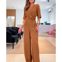 Half Sleeve Wide Leg Work Jumpsuit - khaki