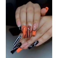 Halloween 24pcs Patch Striped Glossy Full Cover Press On False Nails Set - orange