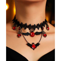 Halloween Bat Pattern Rhinestone Lace Necklace - black