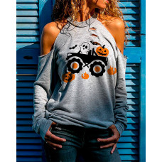 Halloween Cold Shoulder Pumpkin Ghost Print Cutout Top - gray