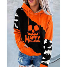 Halloween Colorblock Scary Face Print Hooded Sweatshirt - orange