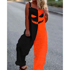 Halloween Colorblock Scary Face Print Suspender Jumpsuit - orange