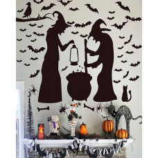 Halloween Decorations Wall Window Ornament Party Supplies 2 Witches With Bats Spider Cat and Crow - black