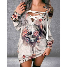 Halloween Eyelet Lace-up Skull Floral Print Casual Dress - white