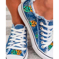 Halloween Fringe Hem Lace-up Canvas Shoes - blue