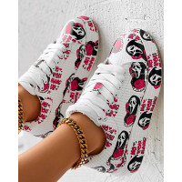 Halloween Ghost Letter Print Lace-up Platform Sneakers - white