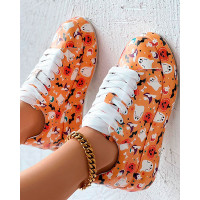 Halloween Ghost Pumpkin Cartoon Print Lace-up Platform Sneakers - yellow