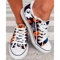 Halloween Ghost Pumpkin Print Canvas Sneakers - black