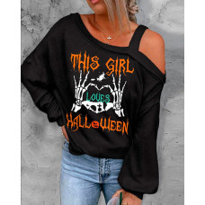 Halloween Graphic Print Cold Shoulder Top - black